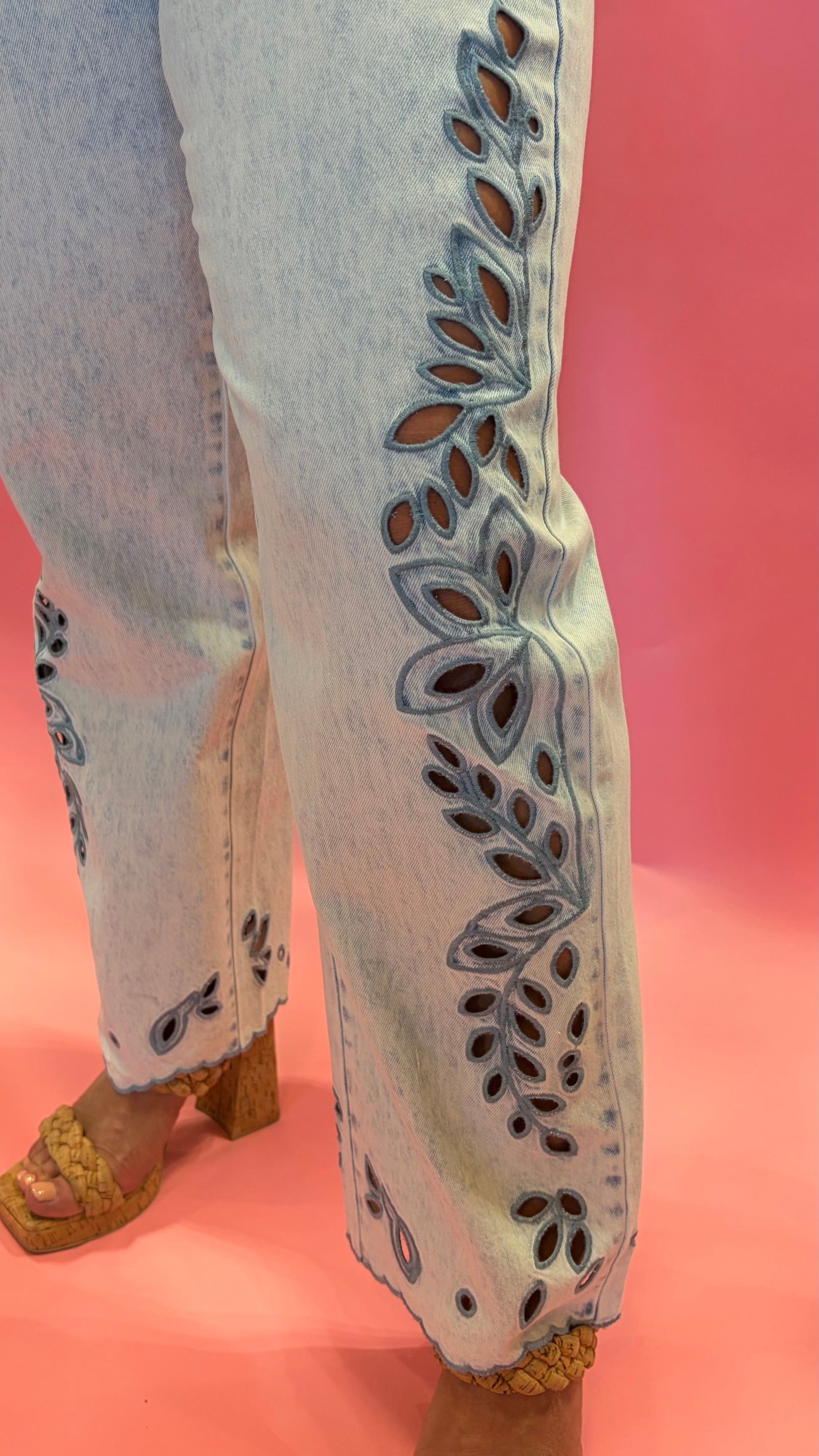 Eyelet Cutouts Trendy Embroidered Straight Leg Jeans