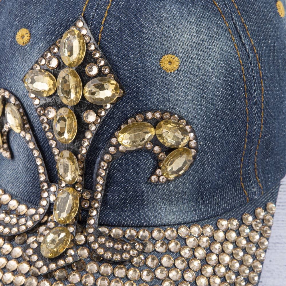 Gem Fleur De Lis Rhinestone Bill Denim Baseball Cap