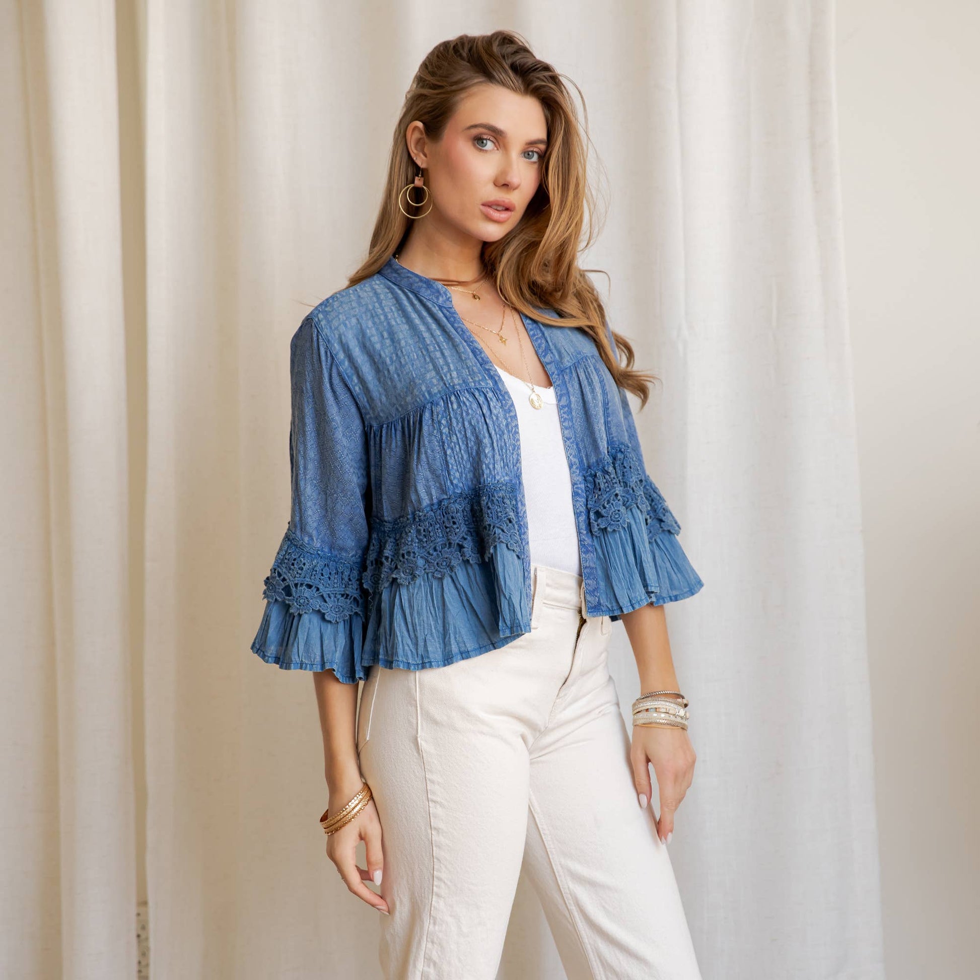 Boho Tiered Crochet Lace Open Front Shrug