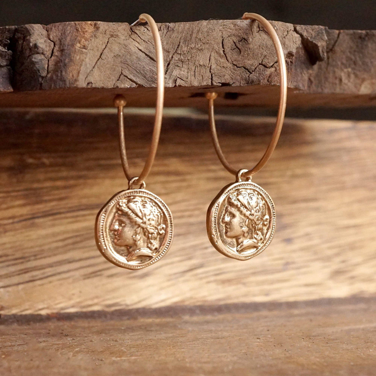 Boho Hoop Earrings with a Small Coin in Worn Gold