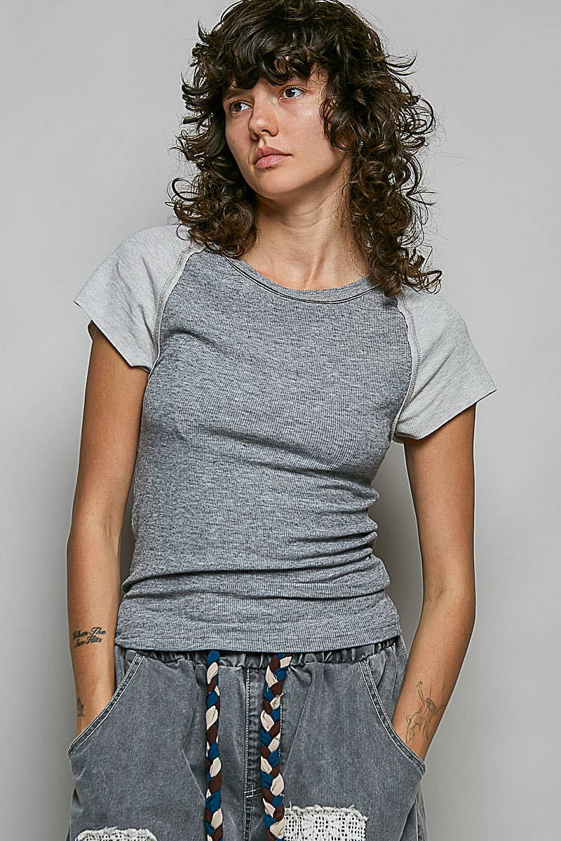 Round Neck Raglan Sleeve Contrast Solid Fitted Rib Top