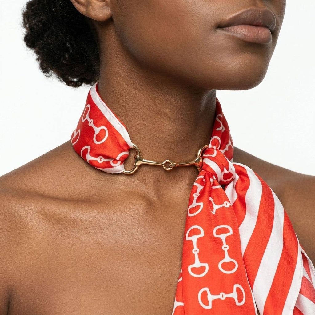 Horsebit Red White Print Silky Scarf Necklace
