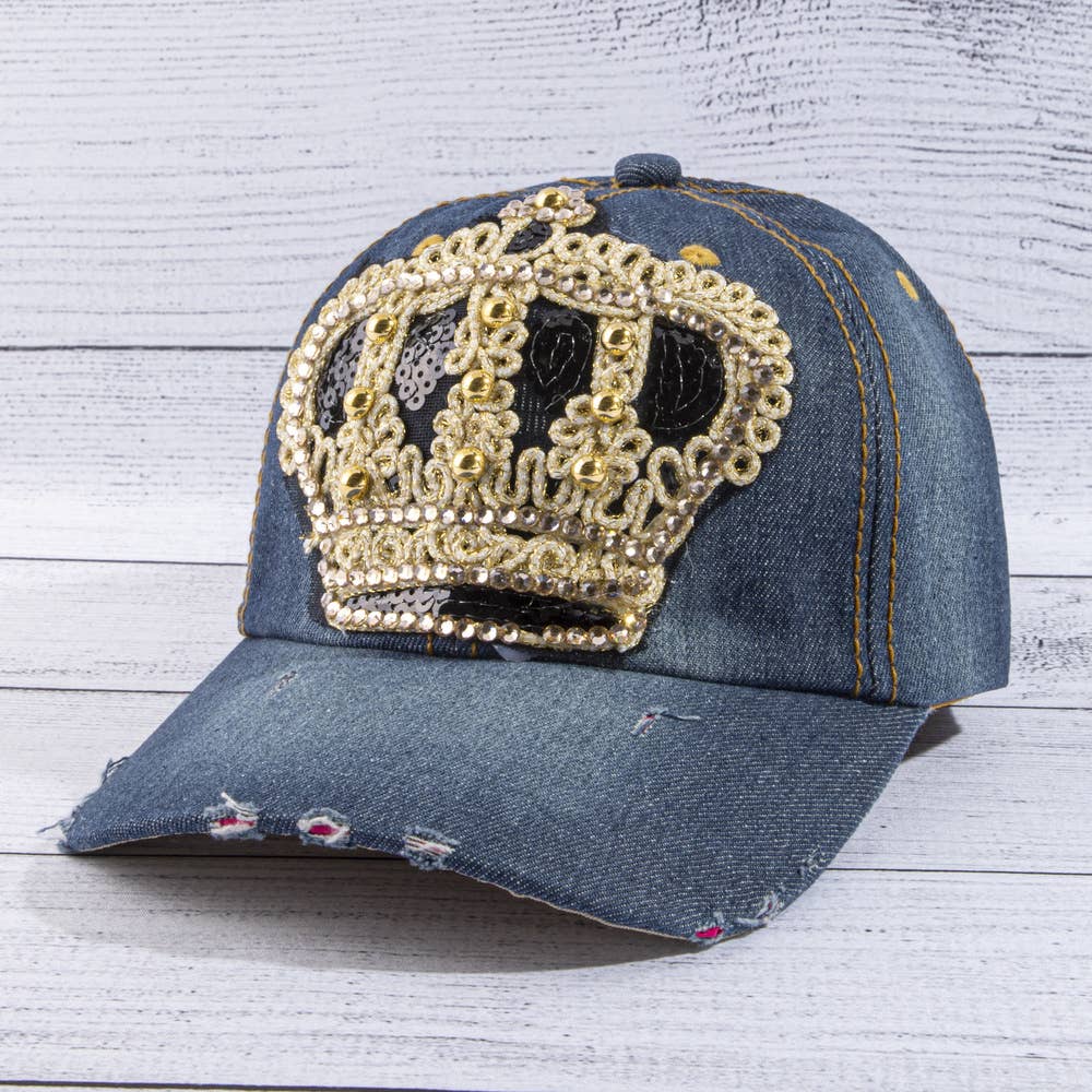 Sequin Crown Rhinestone Distressed Denim Baseball Cap