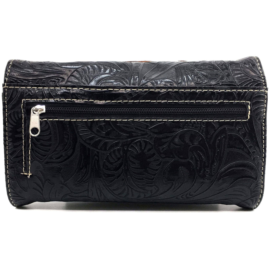 Turquoise Cross Floral Carving Crossbody Black Wallet