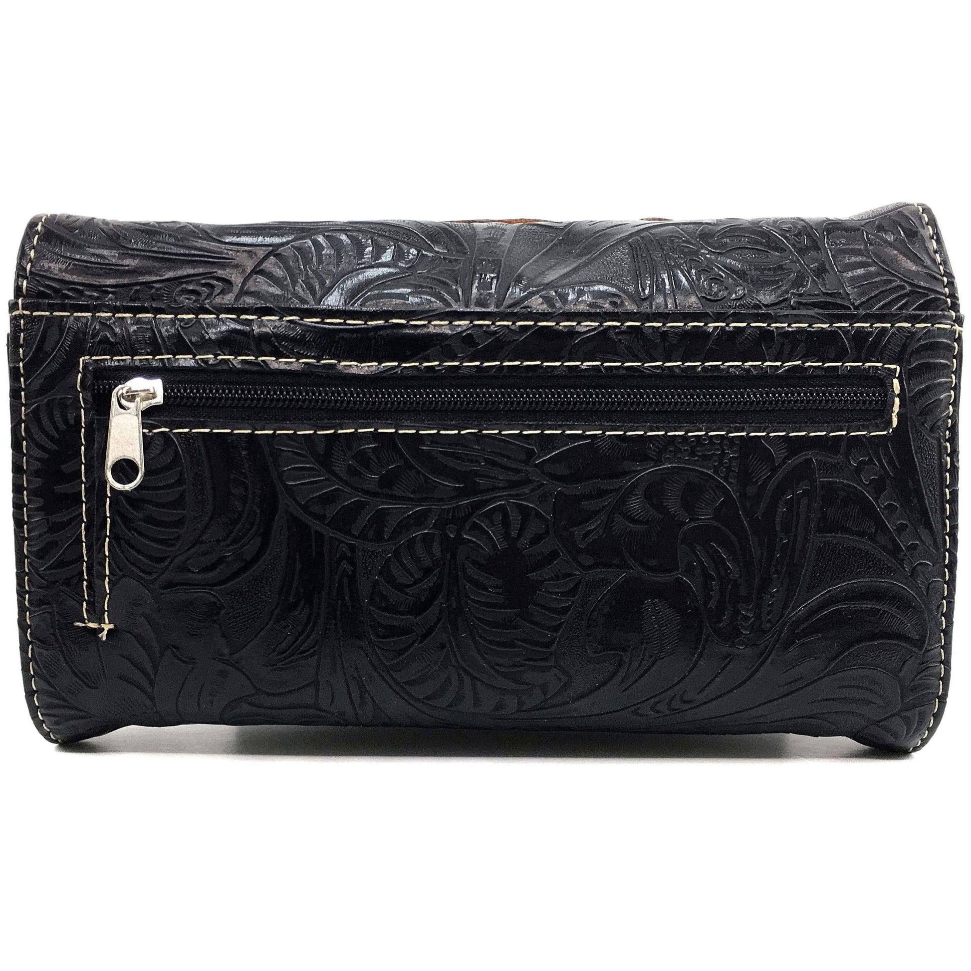 Turquoise Cross Floral Carving Crossbody Black Wallet