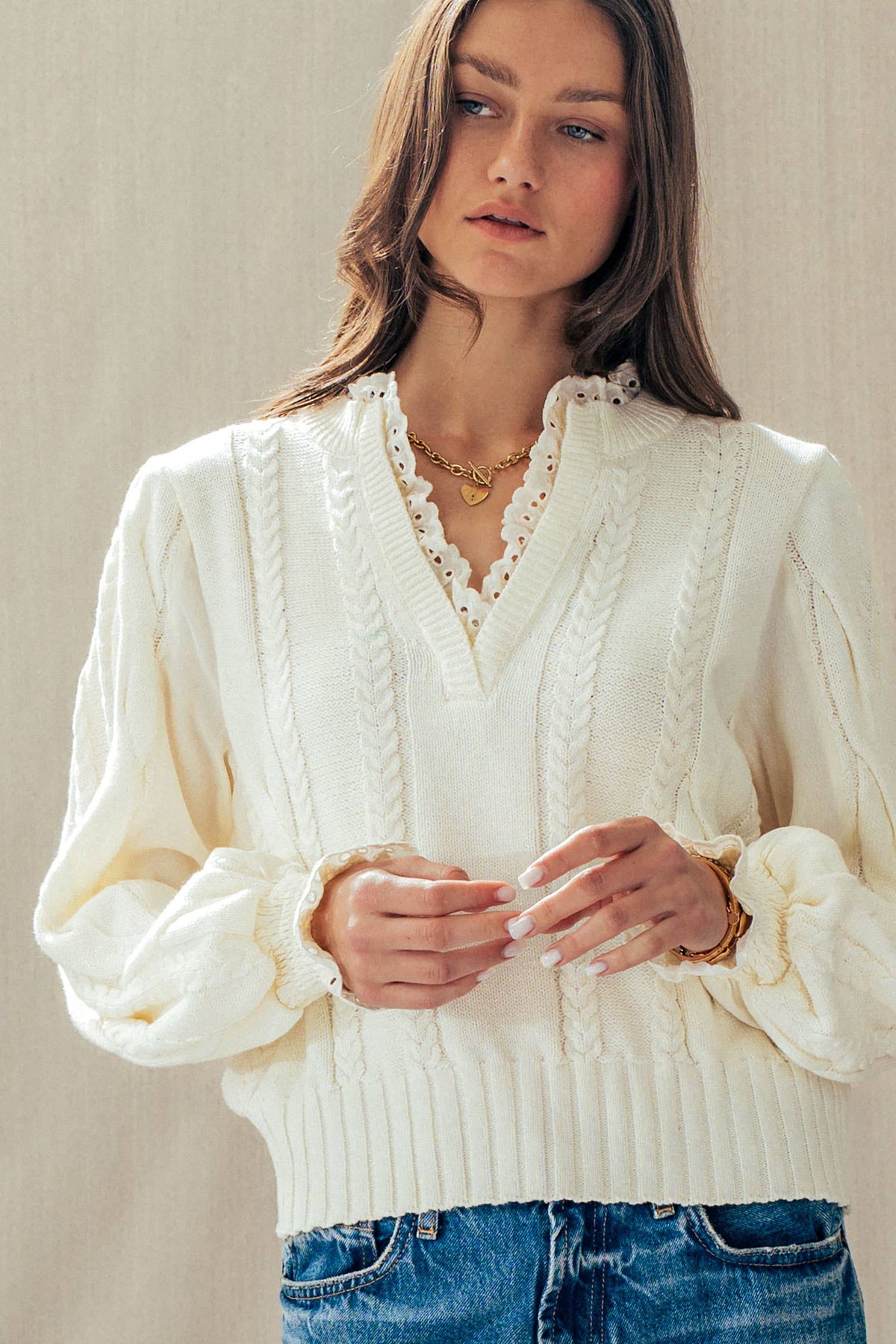 Elsie Lace Trim Cable Knit Sweater