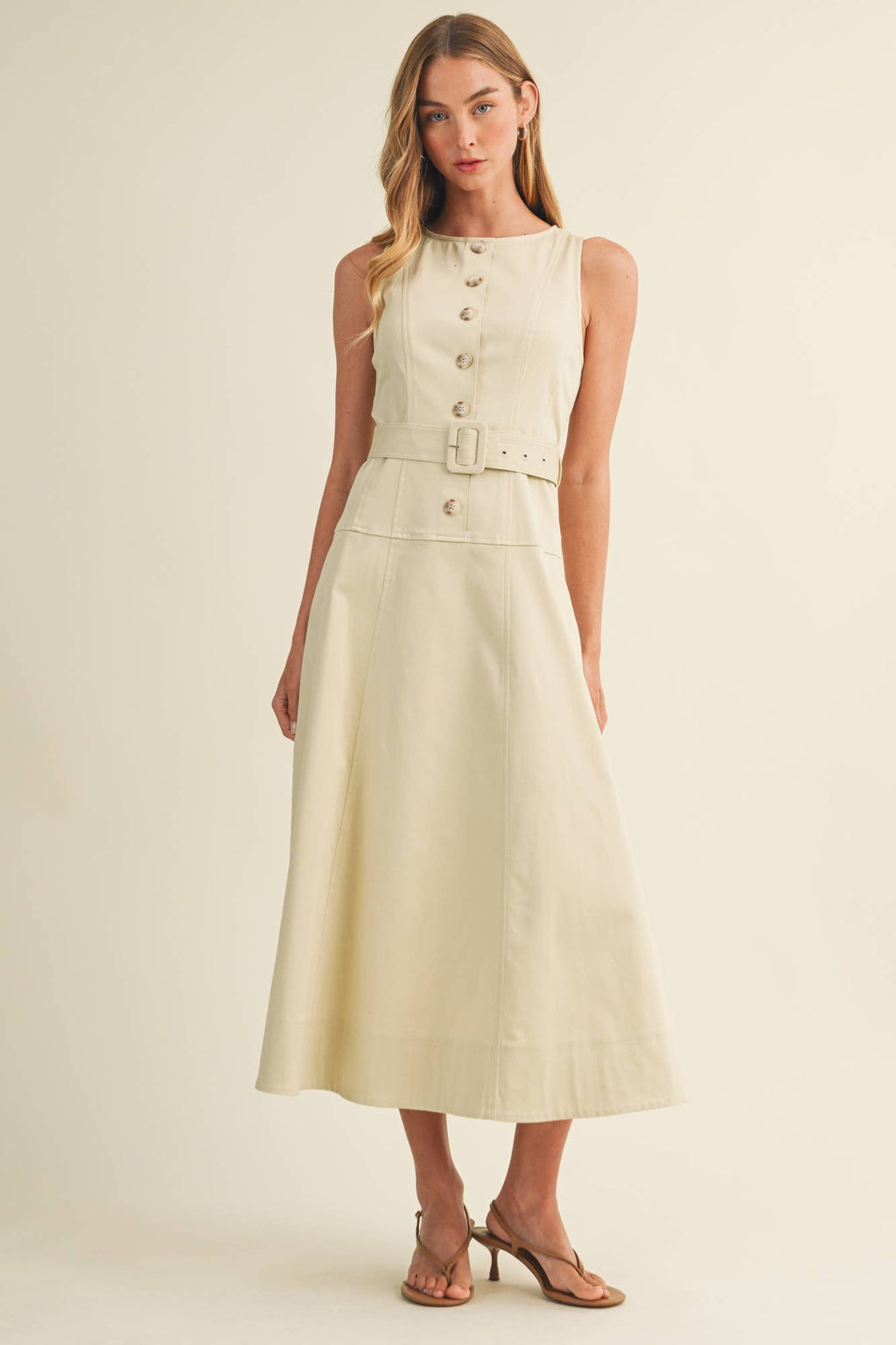Buckle Belt Topstitch Maxi Dress