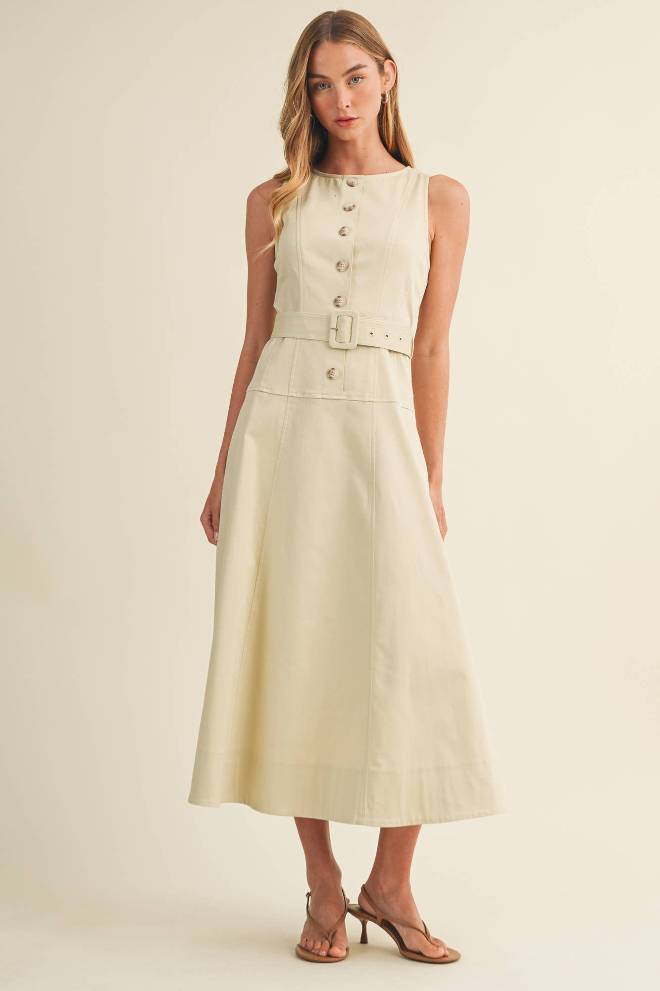 Buckle Belt Topstitch Maxi Dress