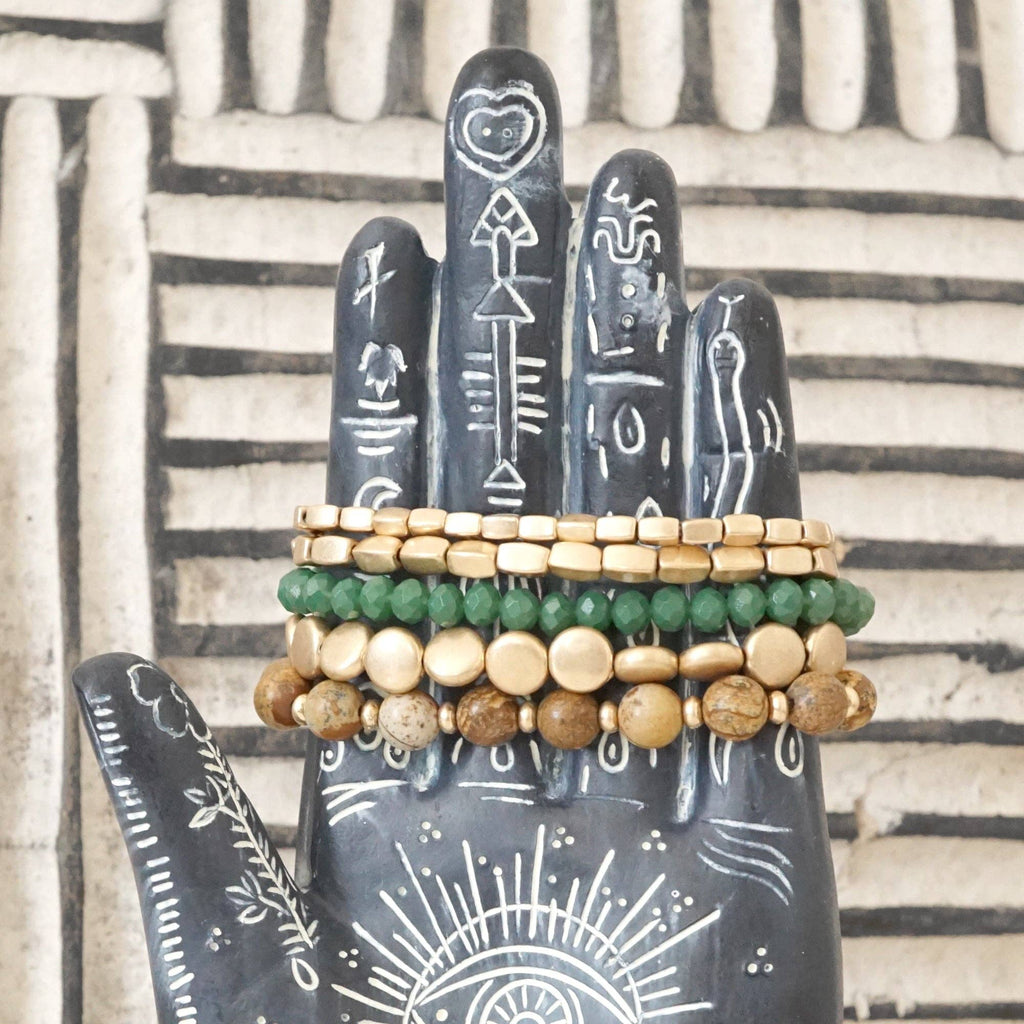 Boho Beaded Bracelet Stack Green Brown and worn gold tone - Set of 5