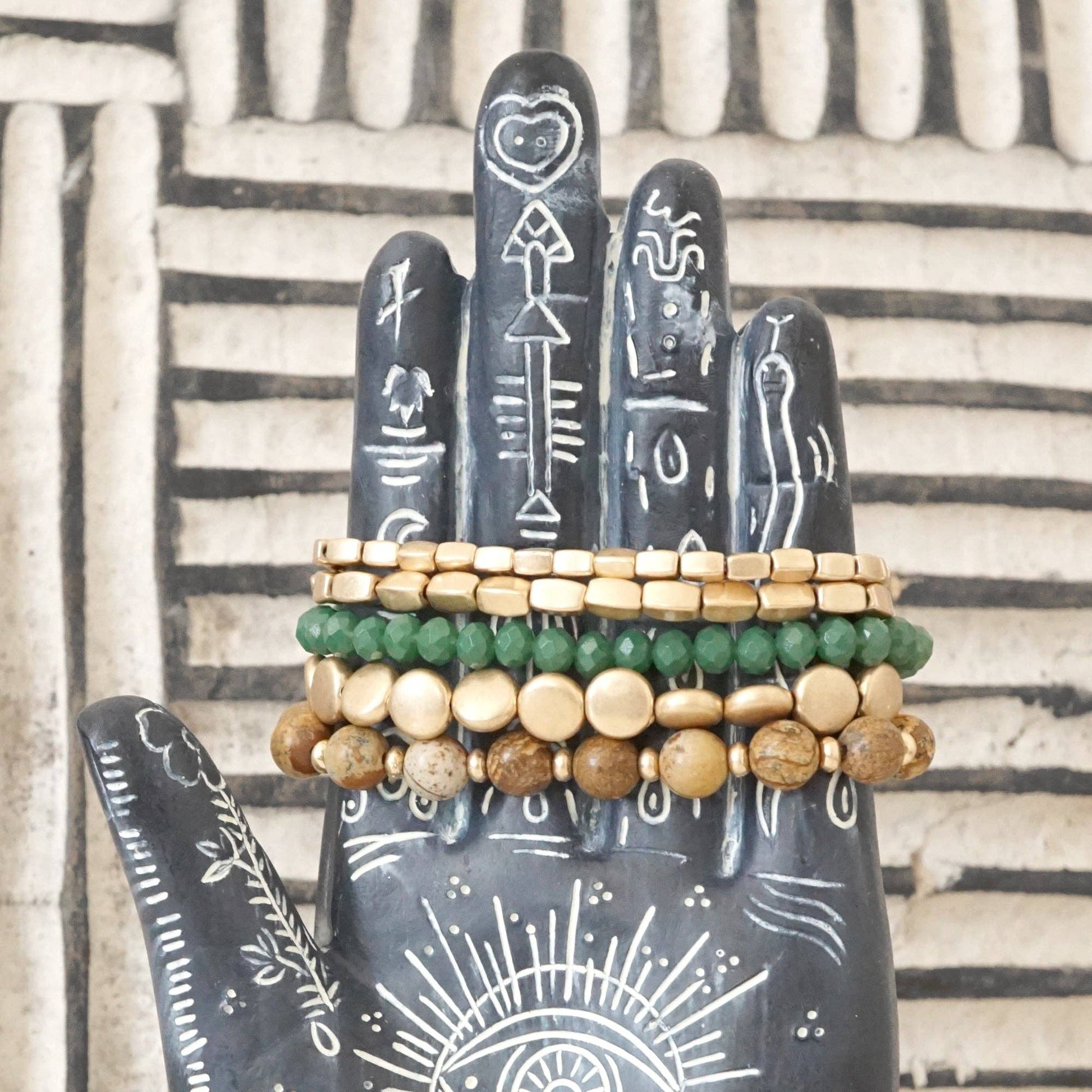 Boho Beaded Bracelet Stack Green Brown and worn gold tone - Set of 5