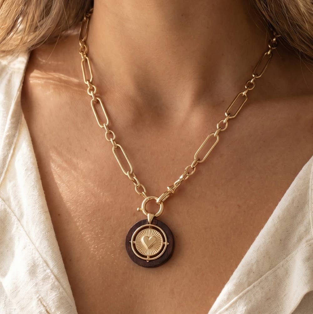 Paperclip Chain Wood Heart Coin Necklace