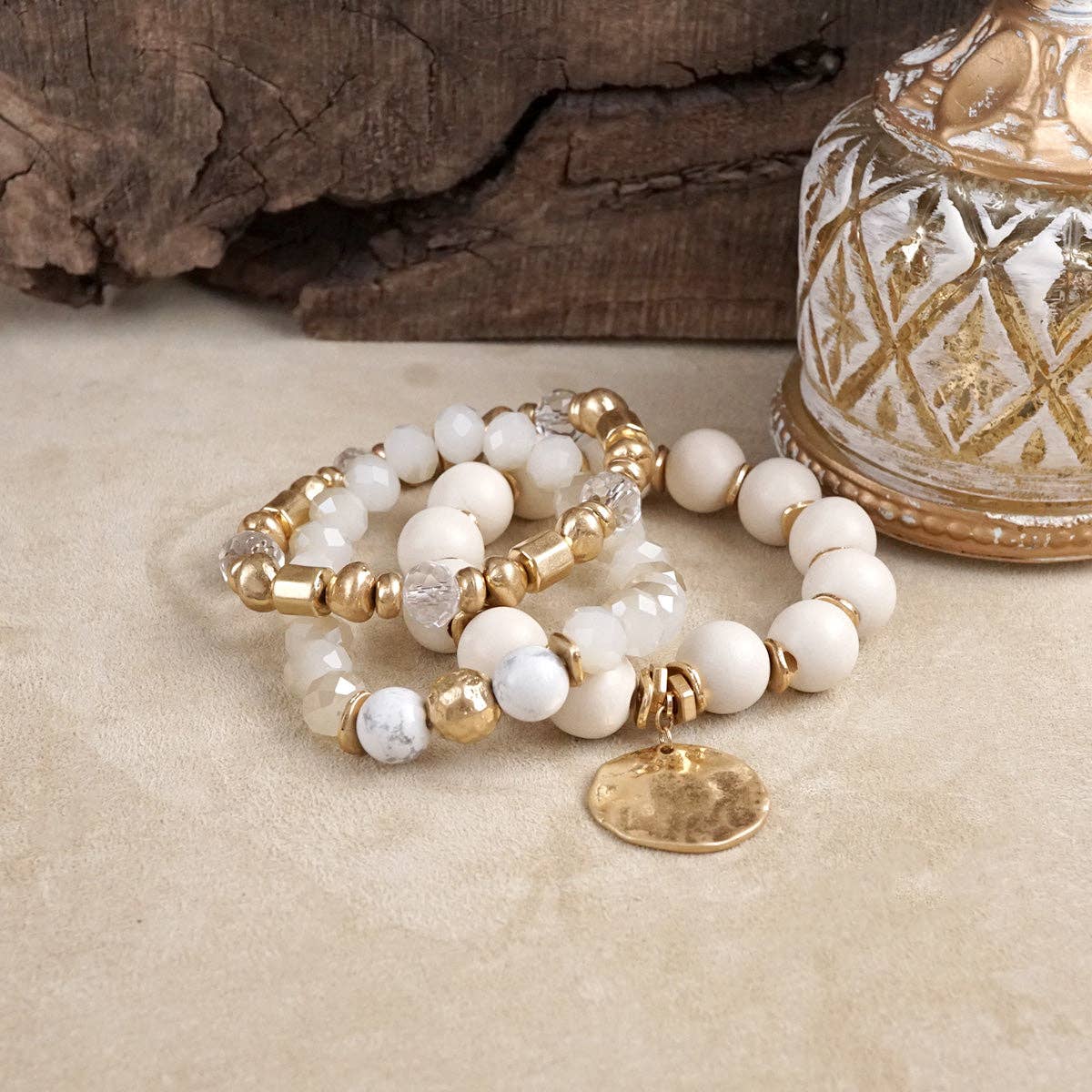 Boho Beads Coin Bracelets Statement set in Cream