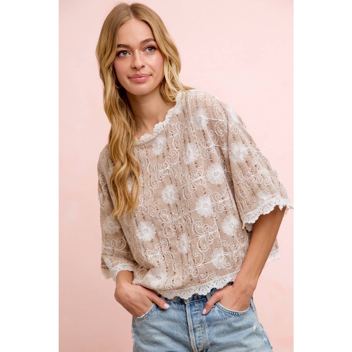 Flower Embroidery and Lace Boho Casual Short Sleeve Top