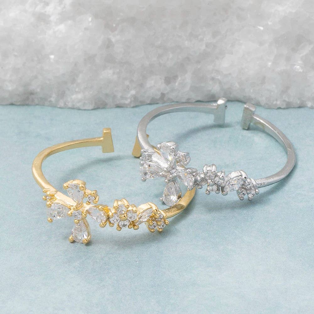 Gold Dipped Cz Adjustable Band Flower Ring