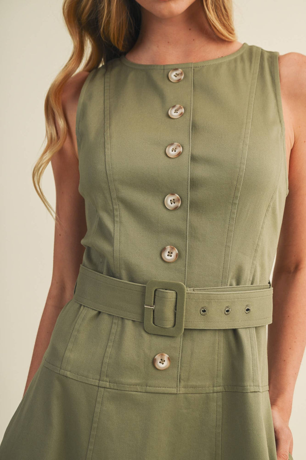 Buckle Belt Topstitch Maxi Dress