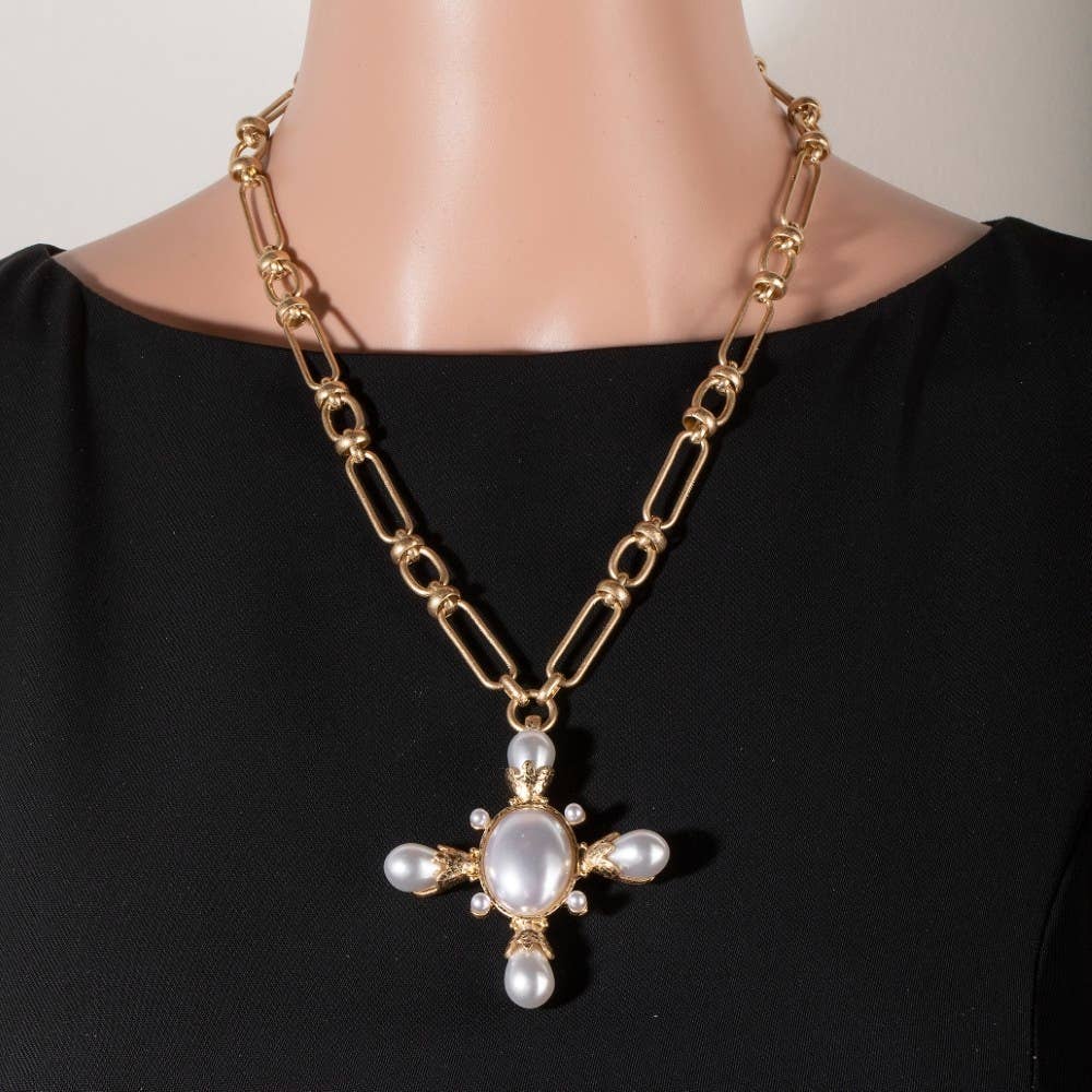 Chain Link Pearl Cross Pendant Necklace Set