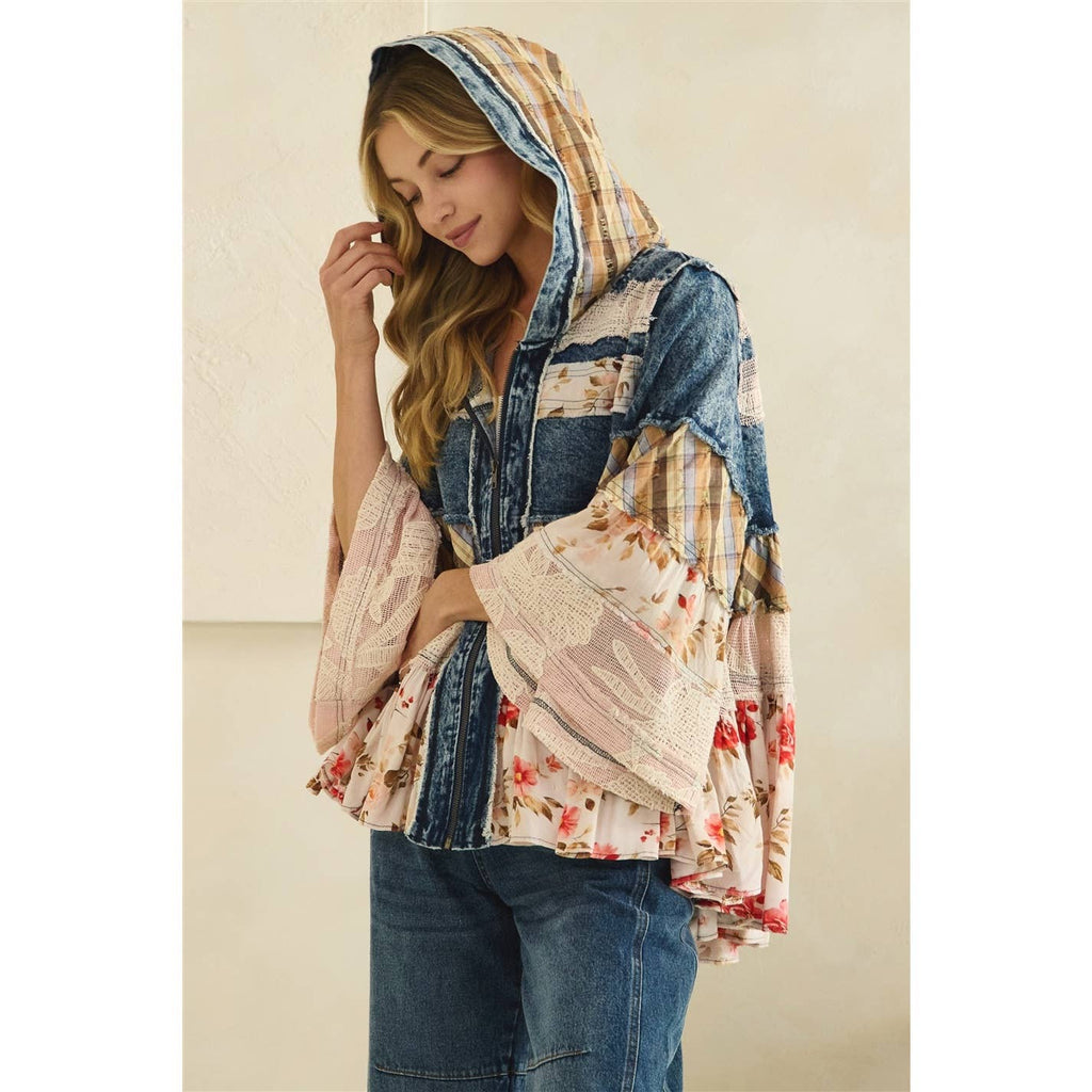 BOHO RUFFLE HOODED LACE DENIM  AND FLORAL PRINT MIX JACKET