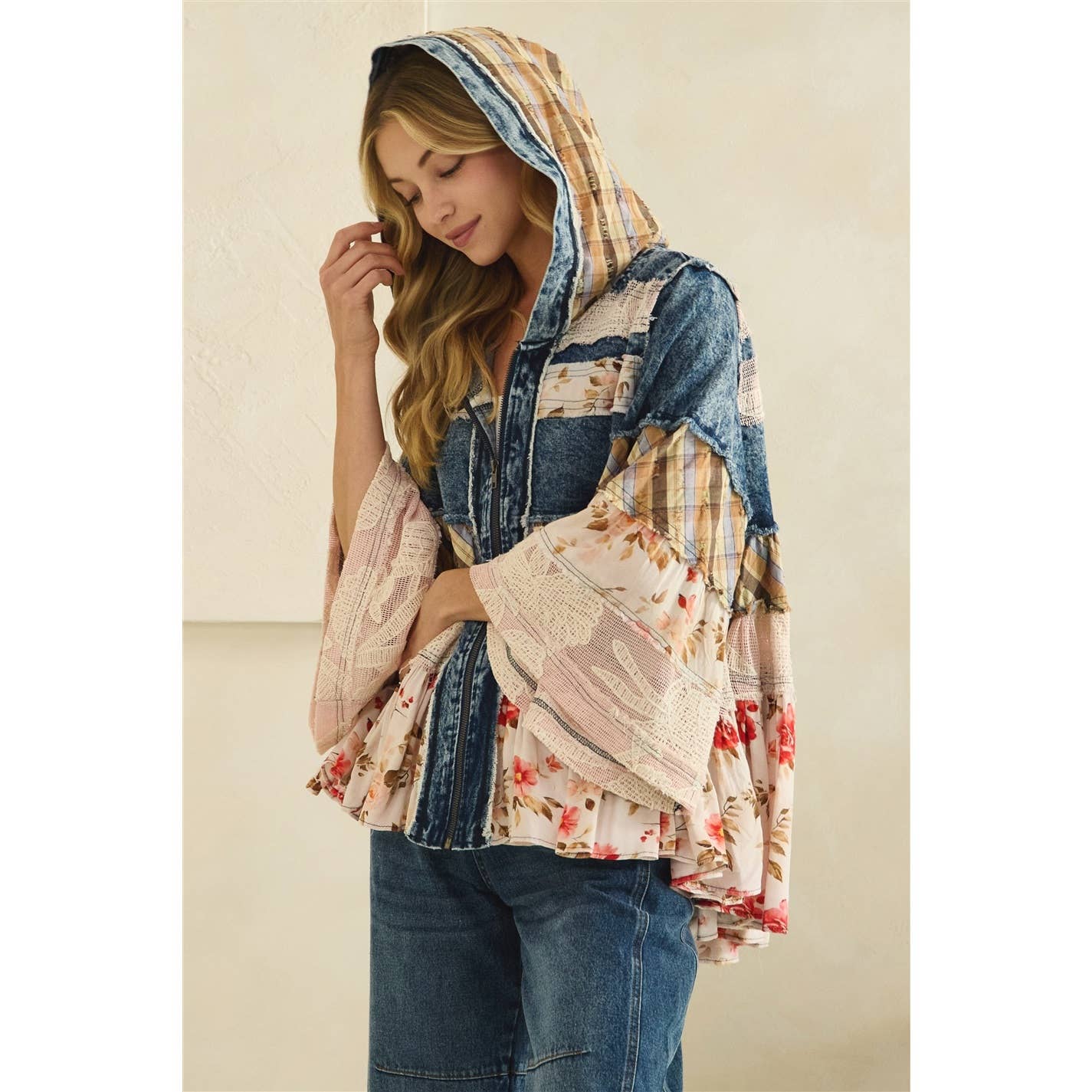 BOHO RUFFLE HOODED LACE DENIM  AND FLORAL PRINT MIX JACKET