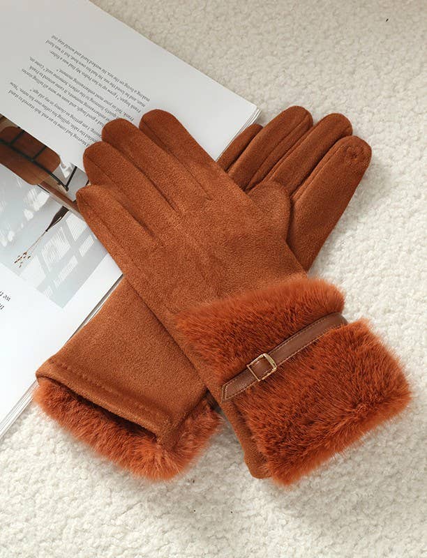 Faux Suede Gloves with Fur and Belt Accent