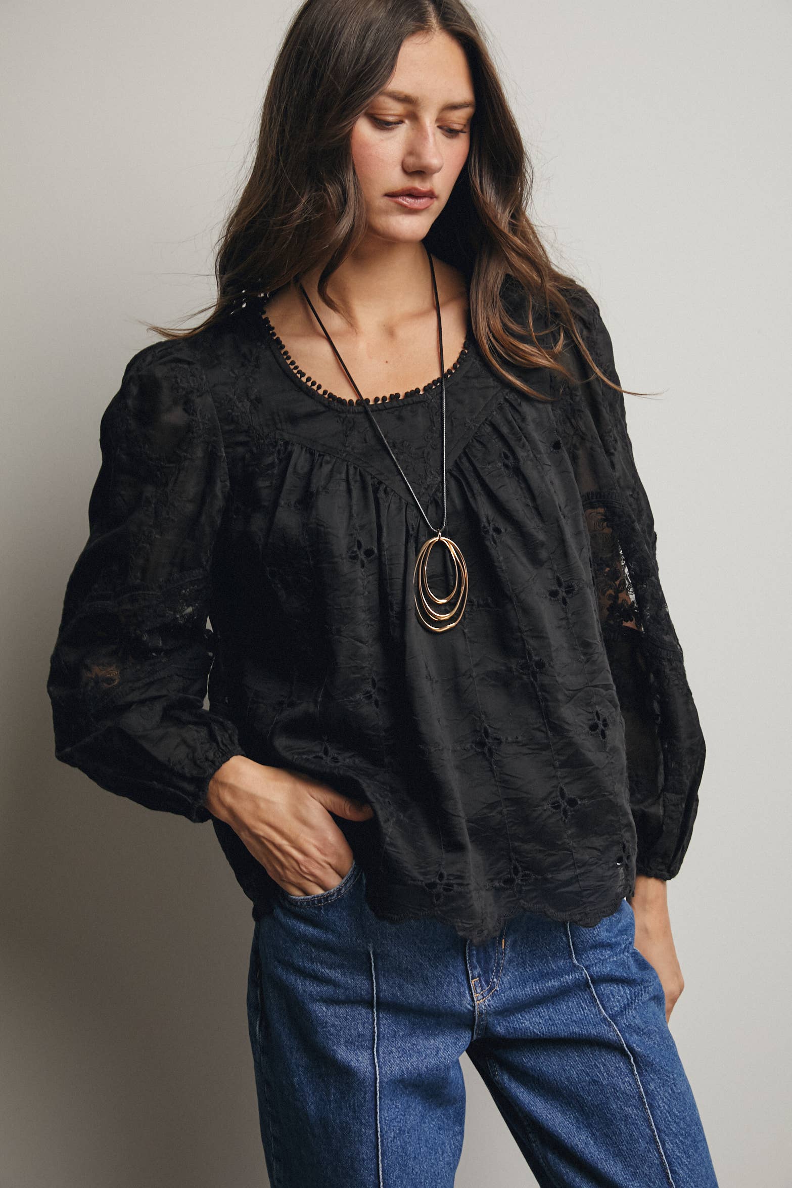 Embroidered Lace Puff Sleeve Blouse