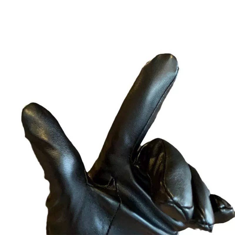 Black Faux Leather Gloves with Pearl Detail