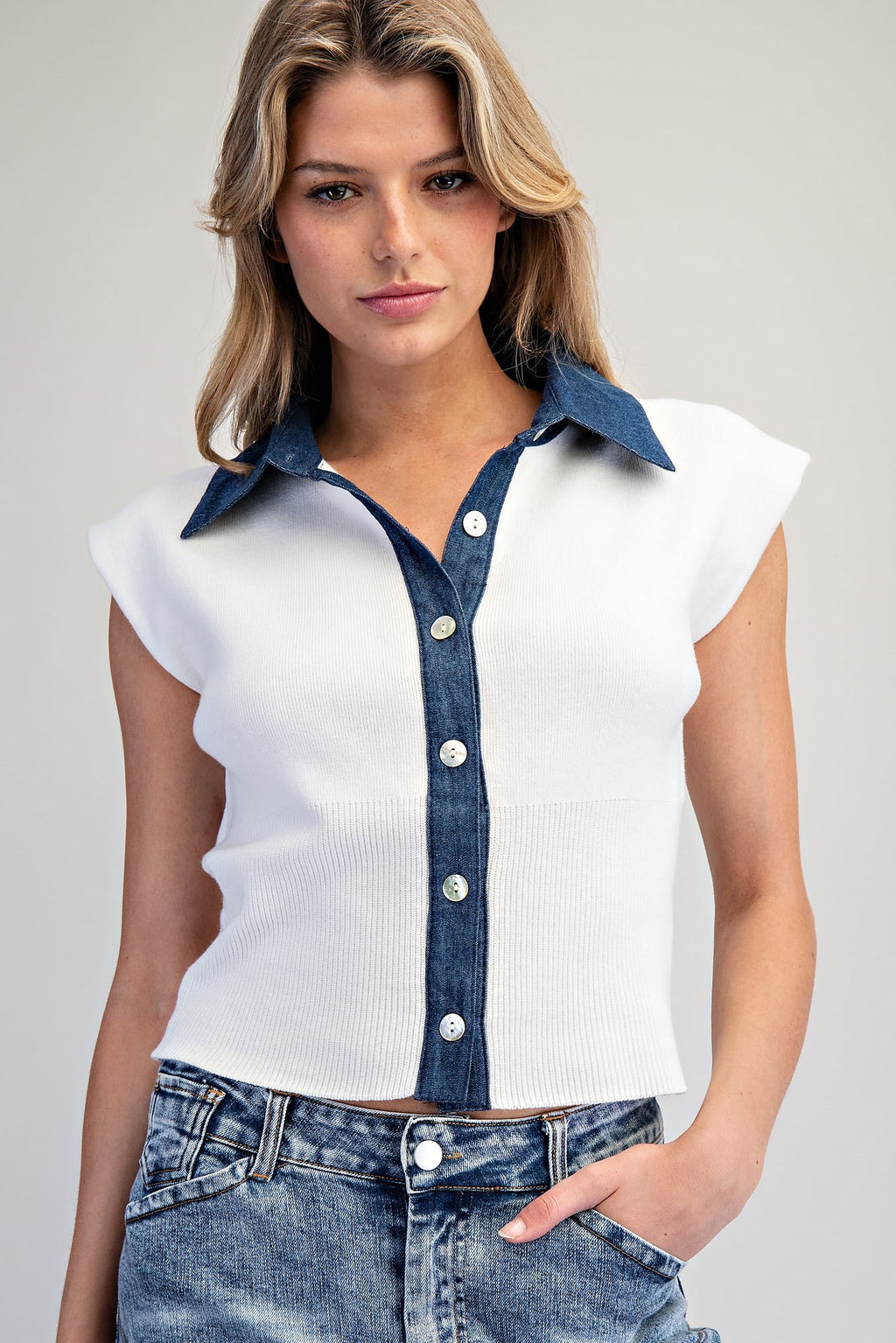 Denim Contrast Cap Sleeve Knit Top