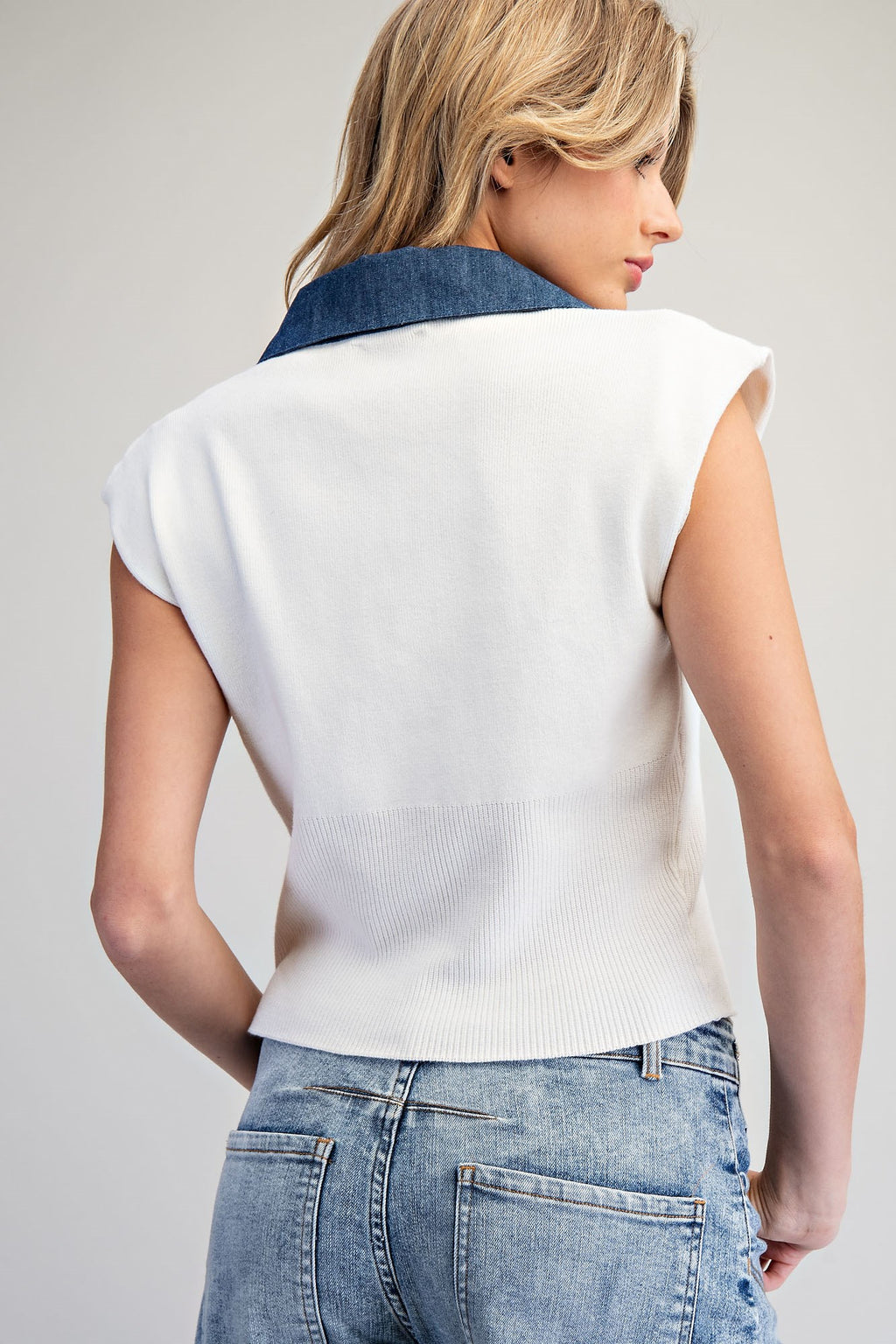 Denim Contrast Cap Sleeve Knit Top