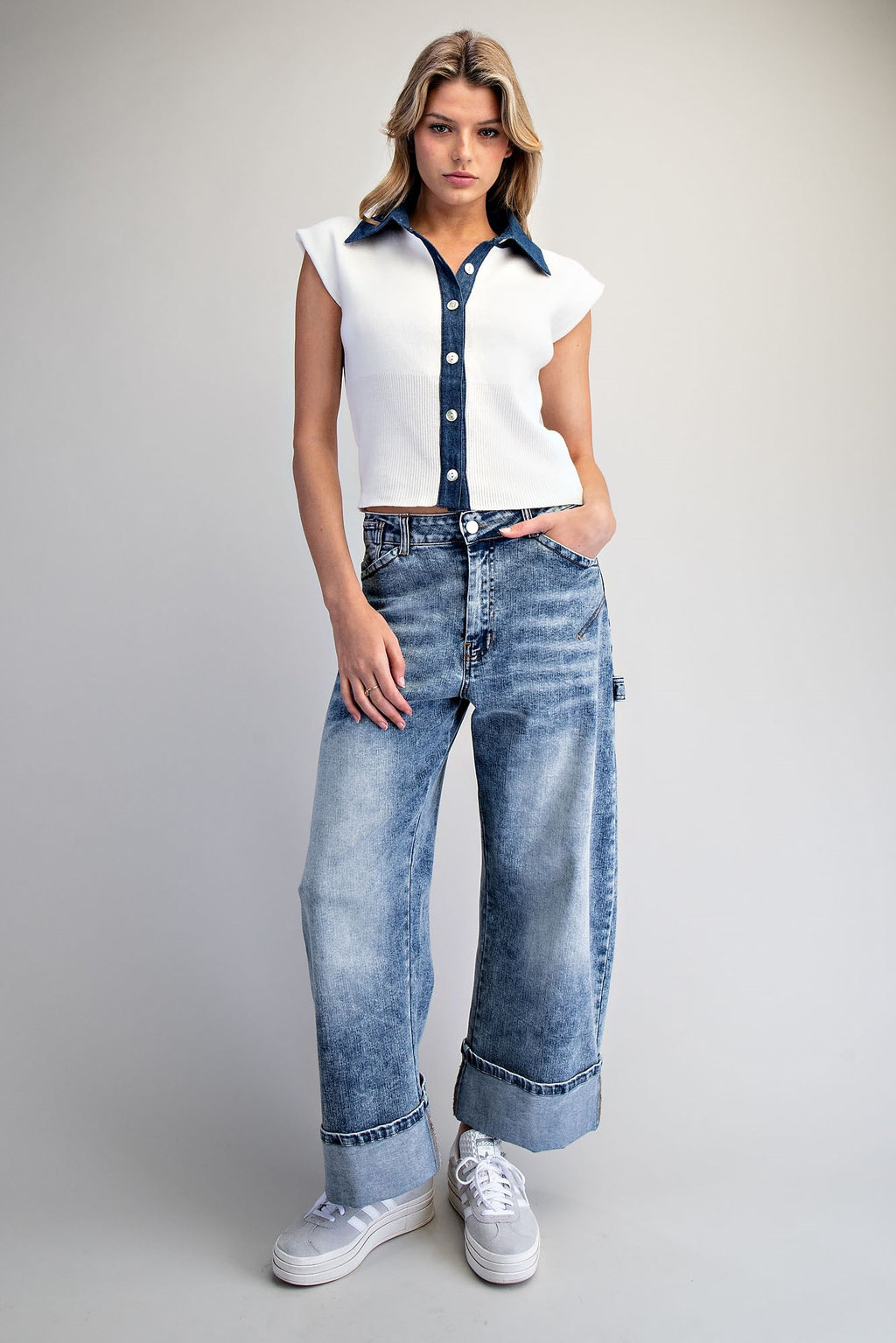Denim Contrast Cap Sleeve Knit Top
