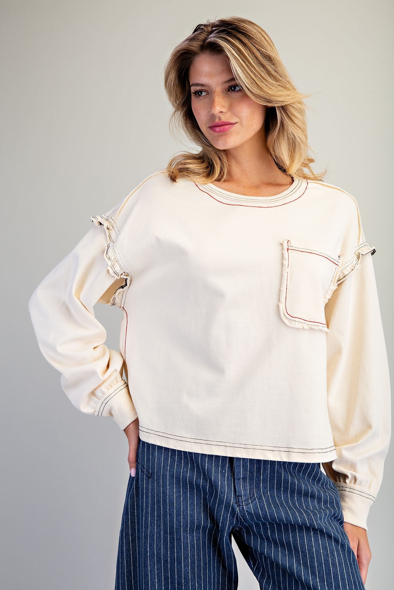 Soft Washed Long Sleeve Top w/ Ruffle Detailing
