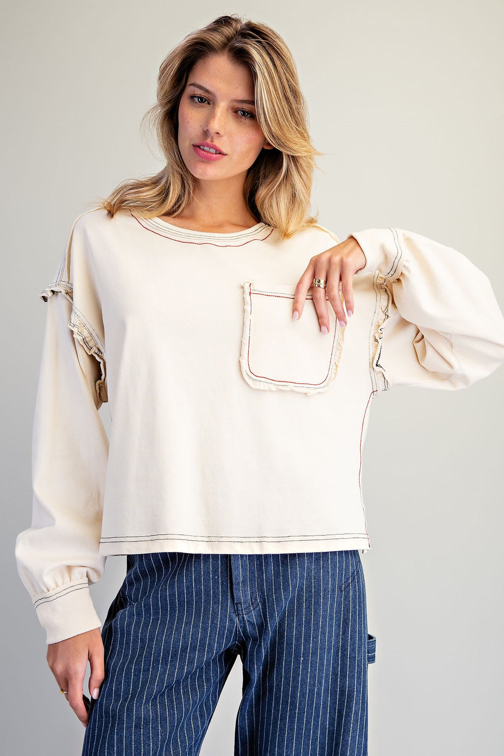 Soft Washed Long Sleeve Top w/ Ruffle Detailing