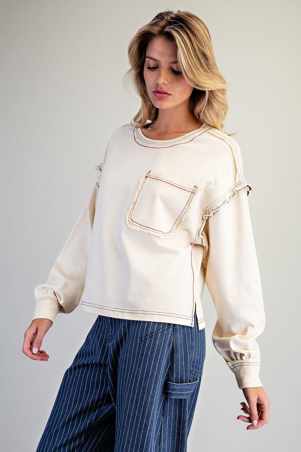 Soft Washed Long Sleeve Top w/ Ruffle Detailing
