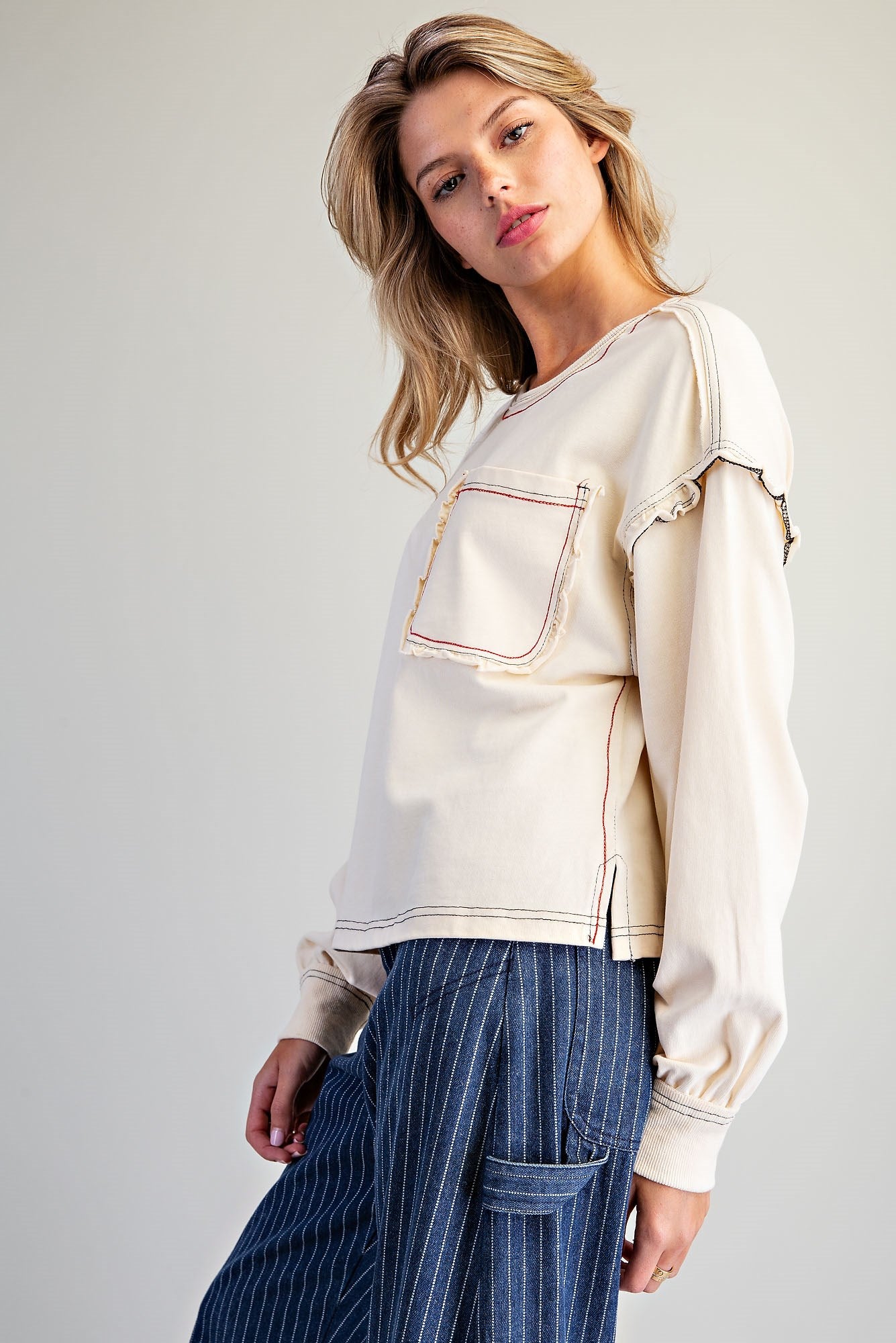Soft Washed Long Sleeve Top w/ Ruffle Detailing