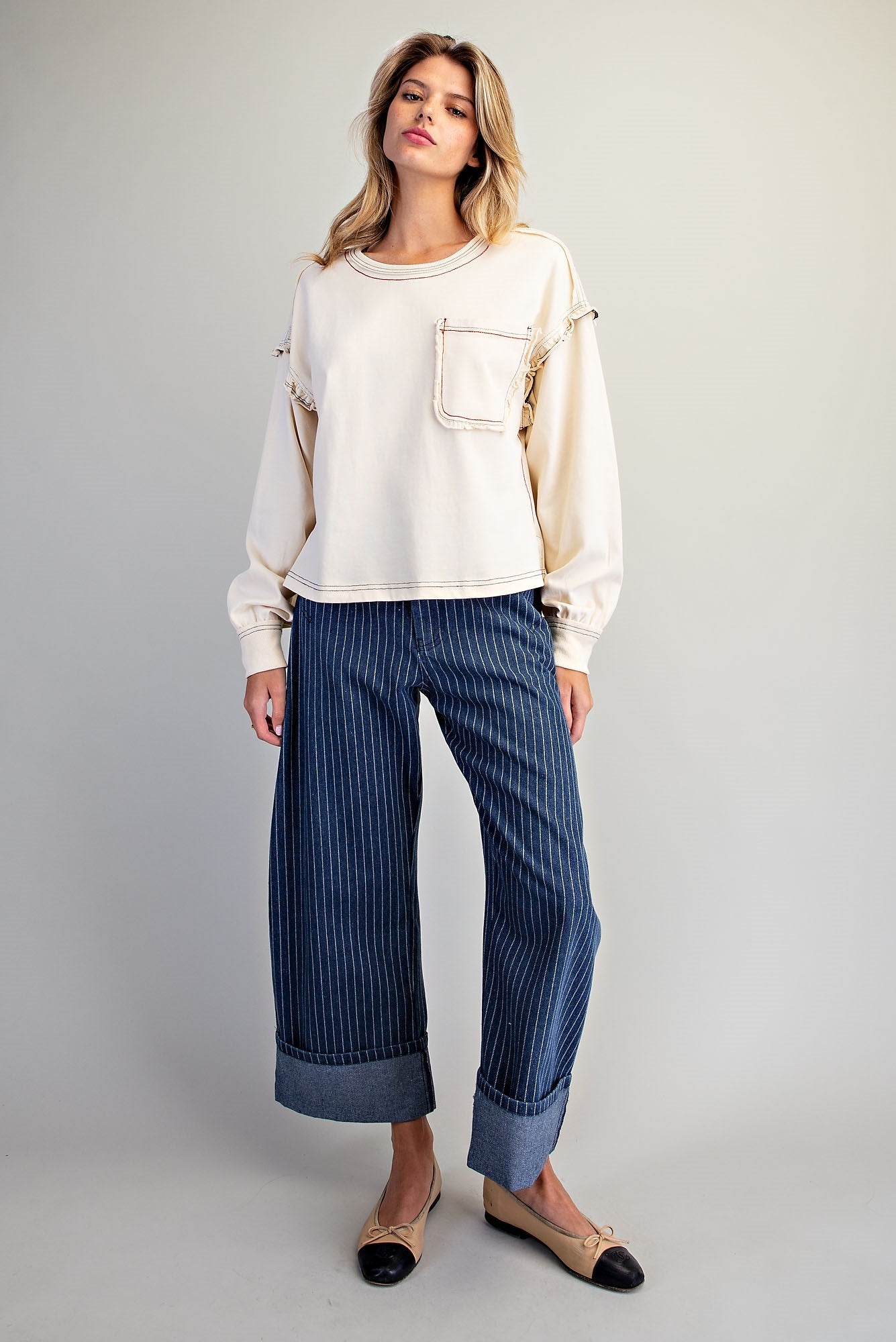 Soft Washed Long Sleeve Top w/ Ruffle Detailing