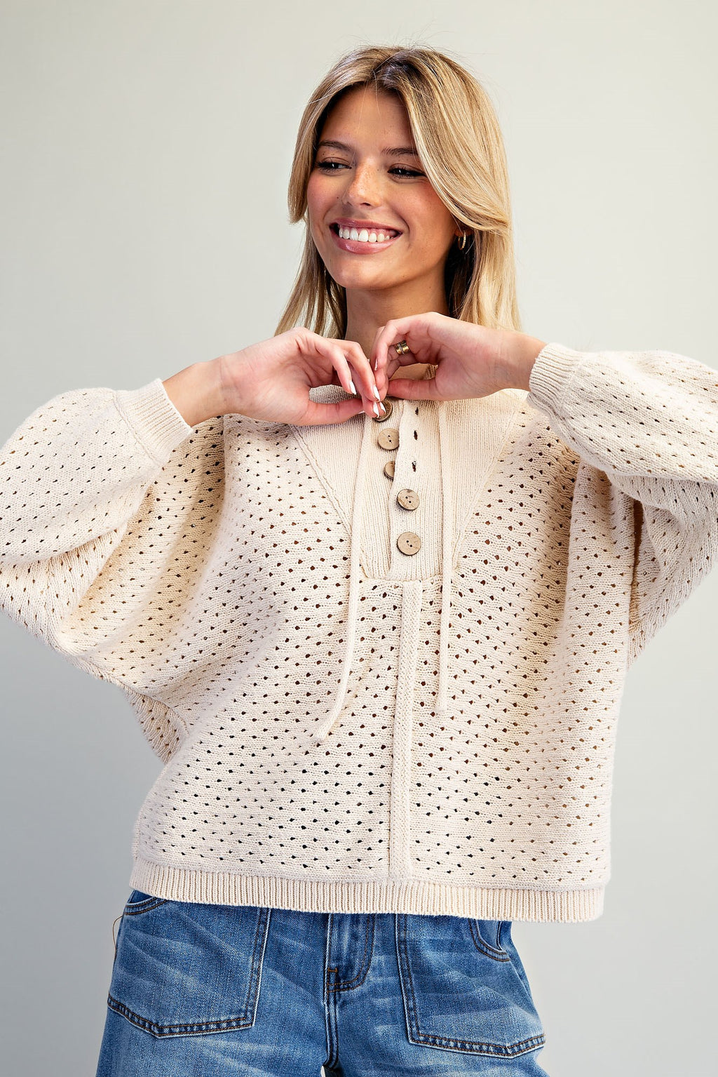 Pointelle Henley Knit Pullover