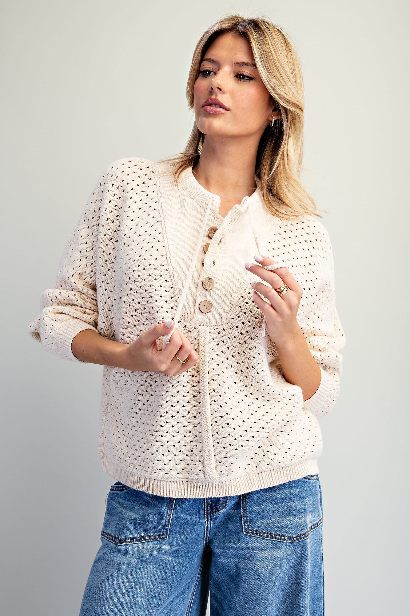 Pointelle Henley Knit Pullover