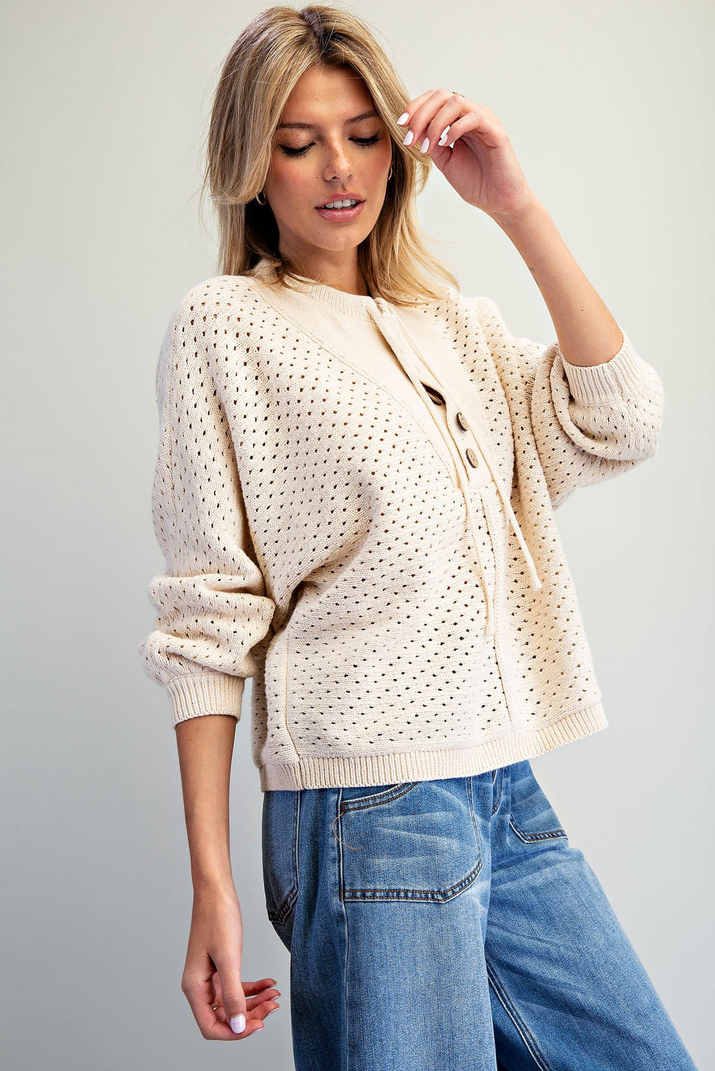 Pointelle Henley Knit Pullover