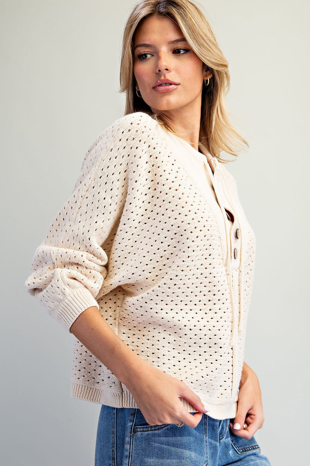 Pointelle Henley Knit Pullover