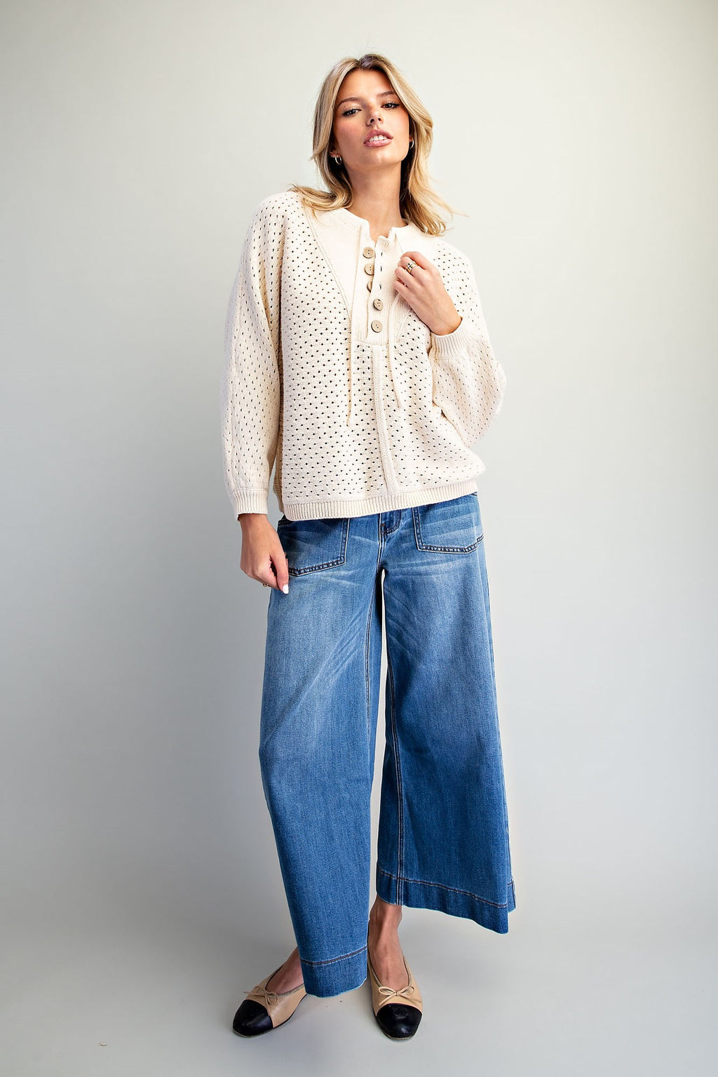 Pointelle Henley Knit Pullover