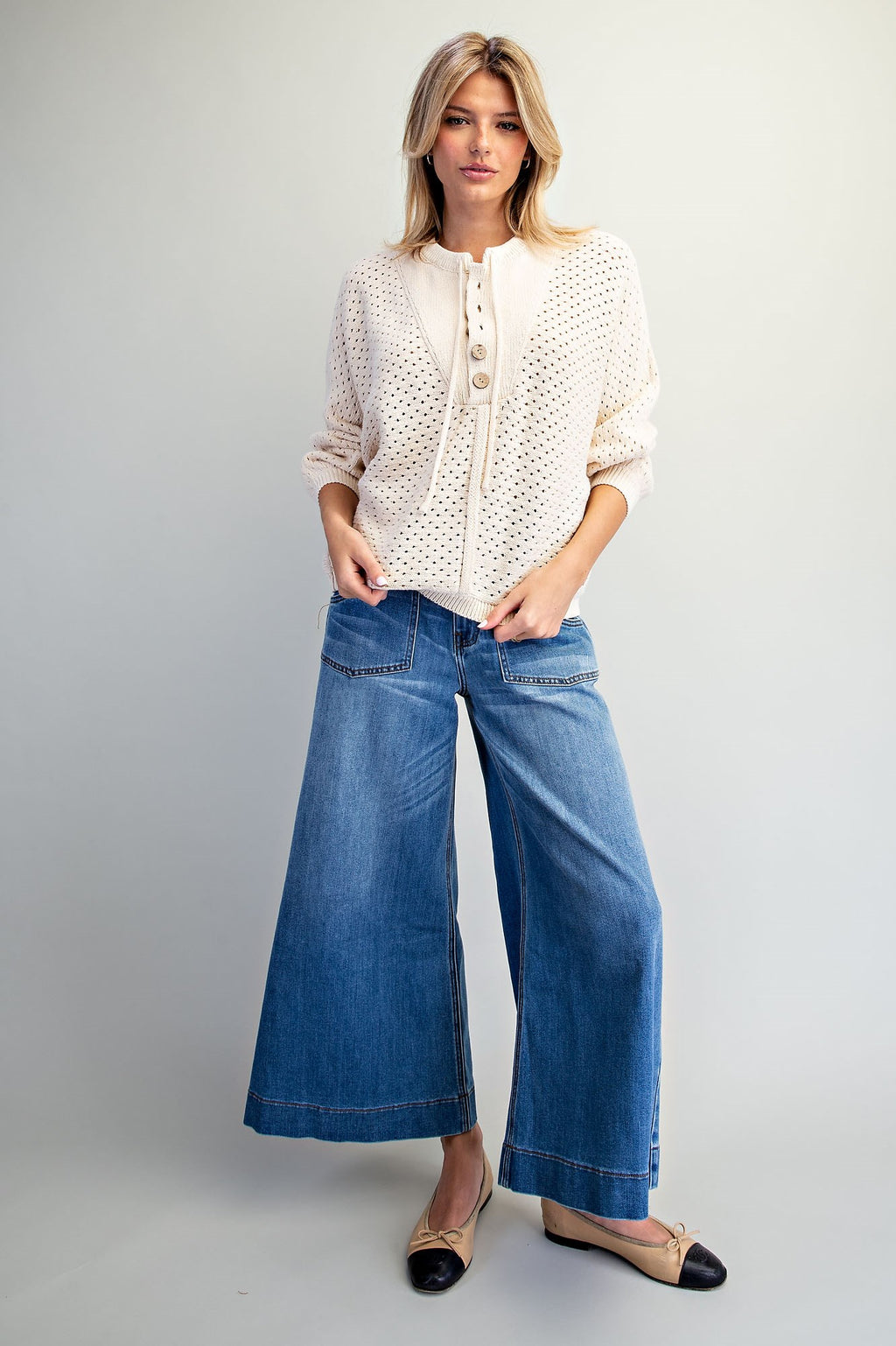 Pointelle Henley Knit Pullover