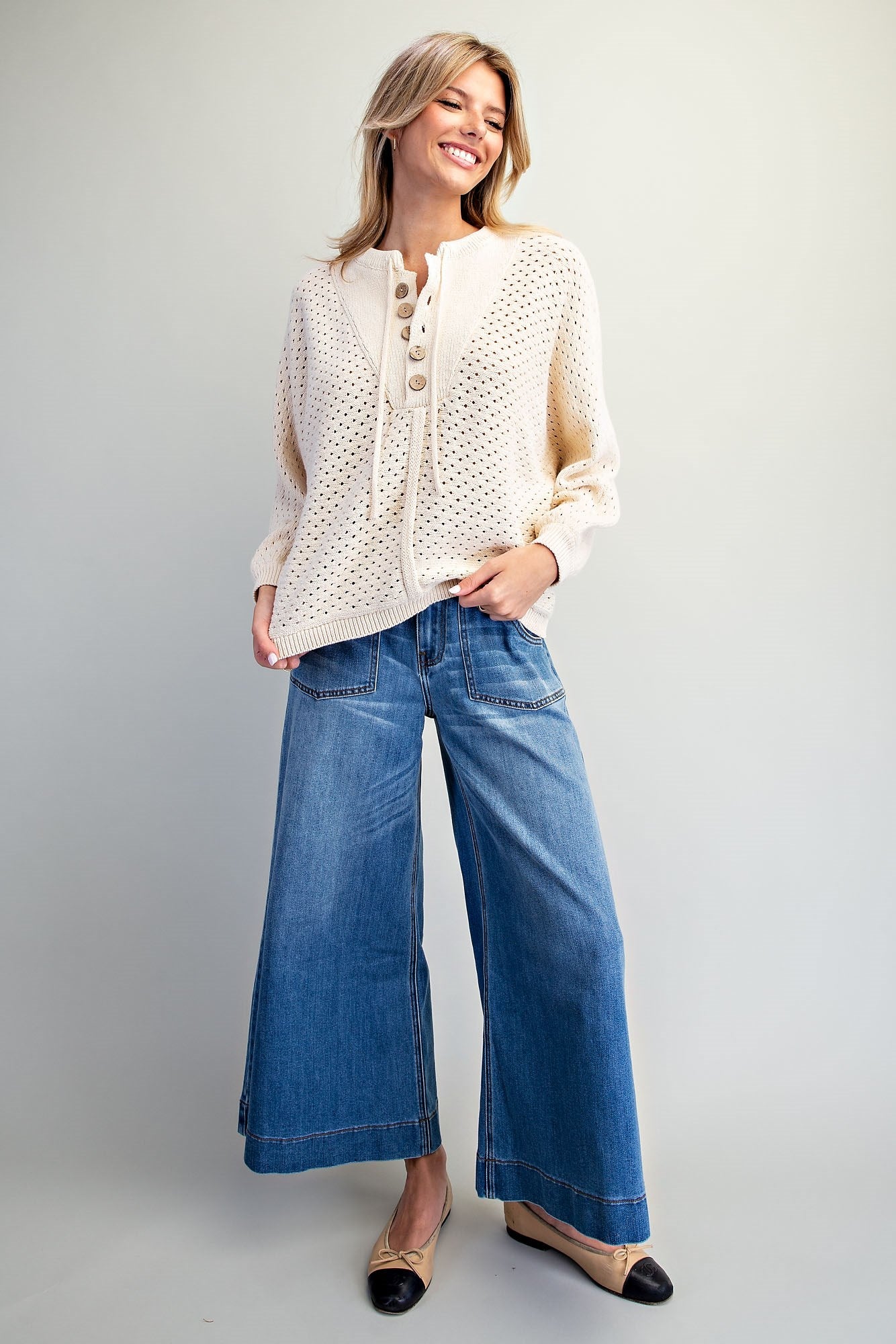 Pointelle Henley Knit Pullover