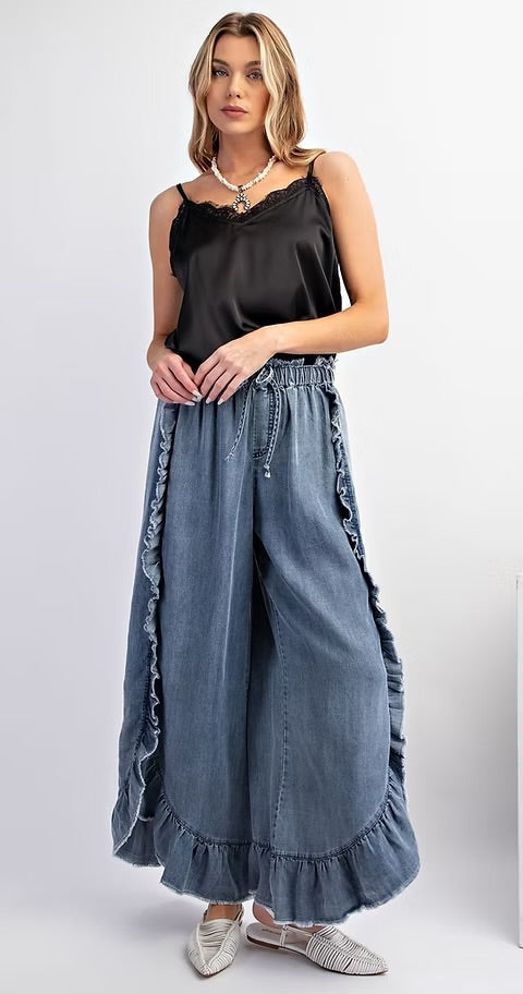Easy by Easel Side Ruffle Chambray Pants