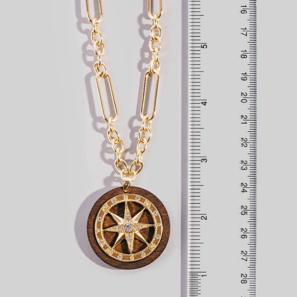 Paperclip Chain Cz Compass Star Medallion Pendant Necklace