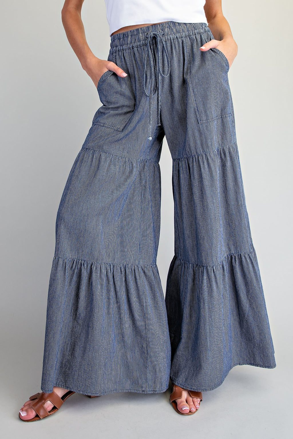 Pinstriped Wide Leg Tiered Pants