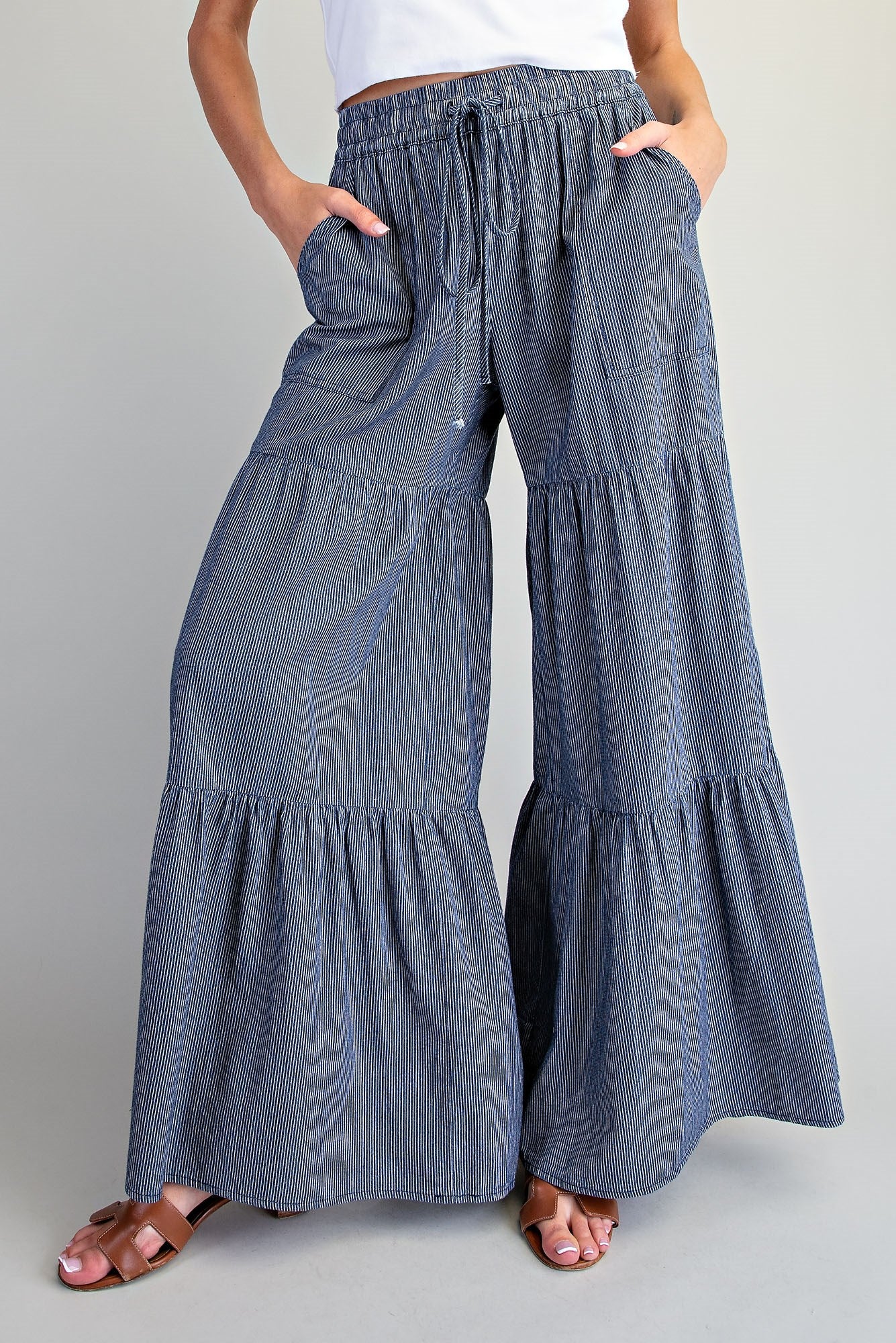 Pinstriped Wide Leg Tiered Pants