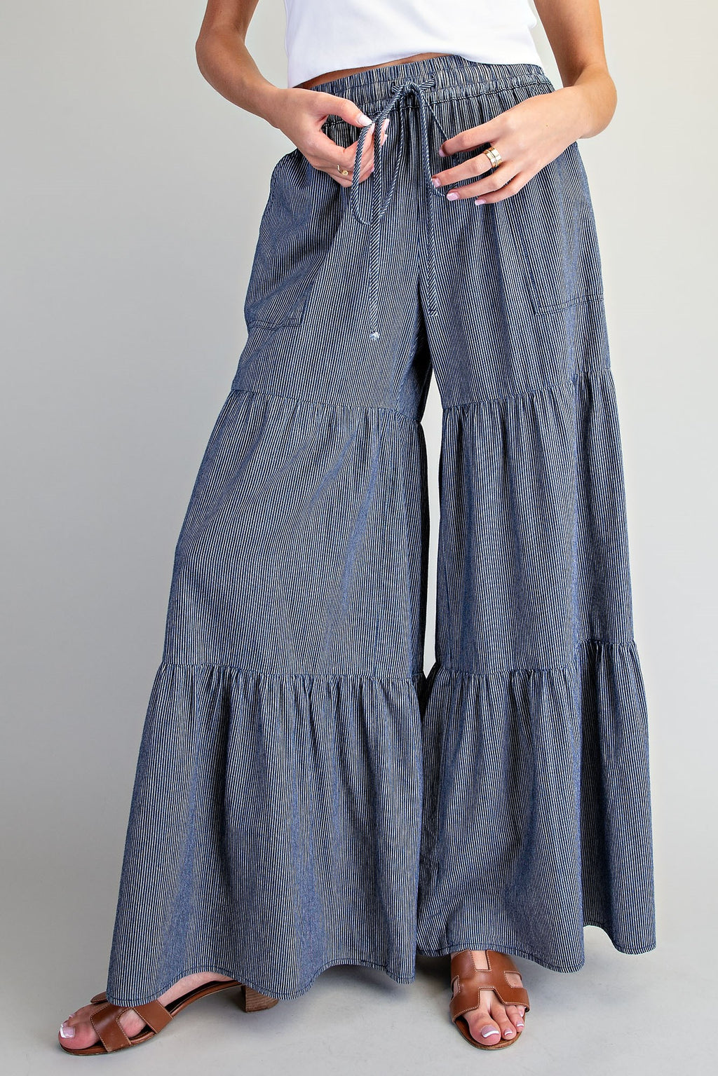 Pinstriped Wide Leg Tiered Pants