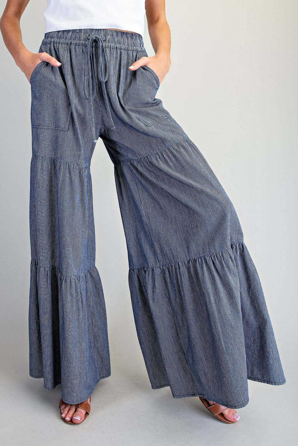 Pinstriped Wide Leg Tiered Pants