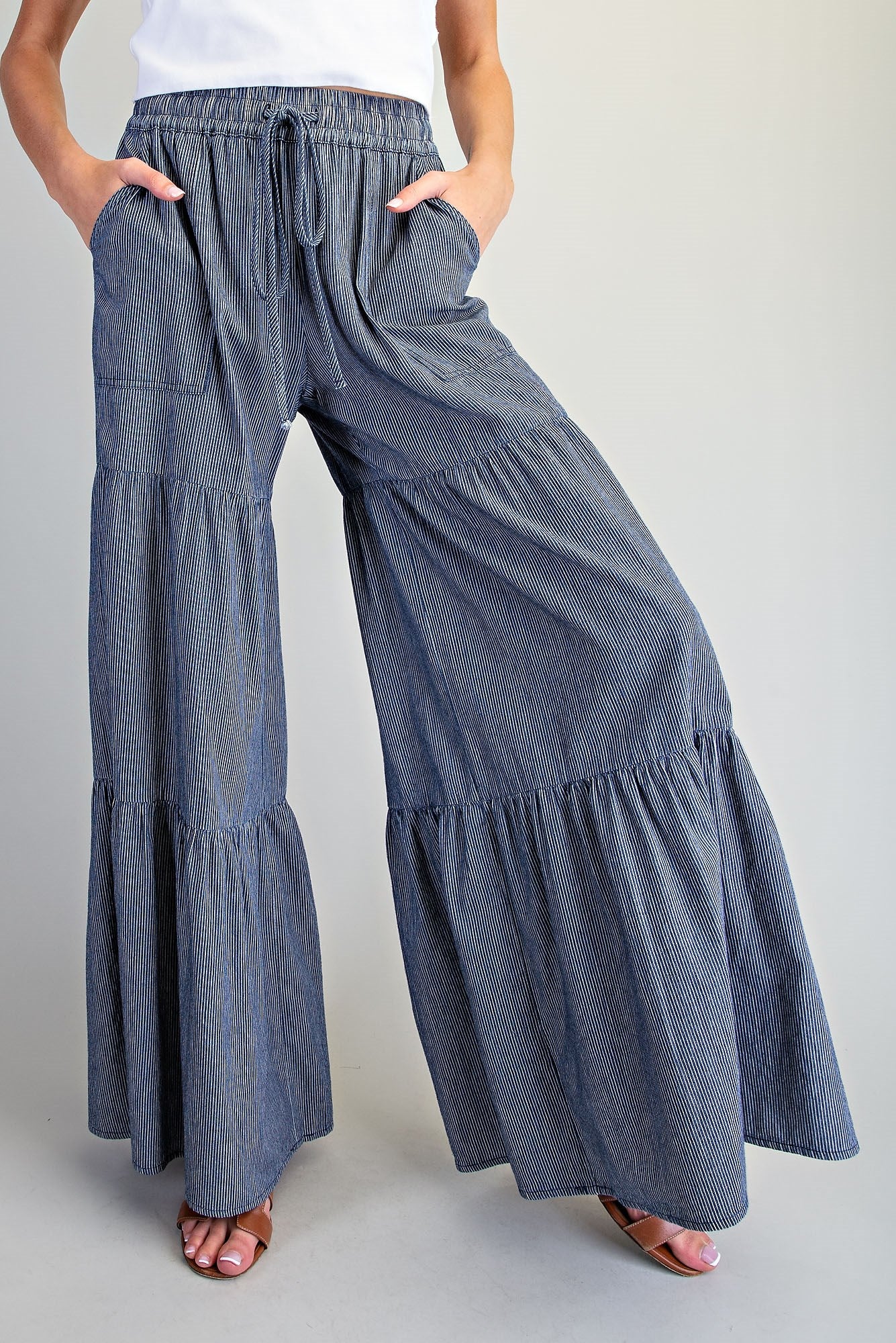 Pinstriped Wide Leg Tiered Pants