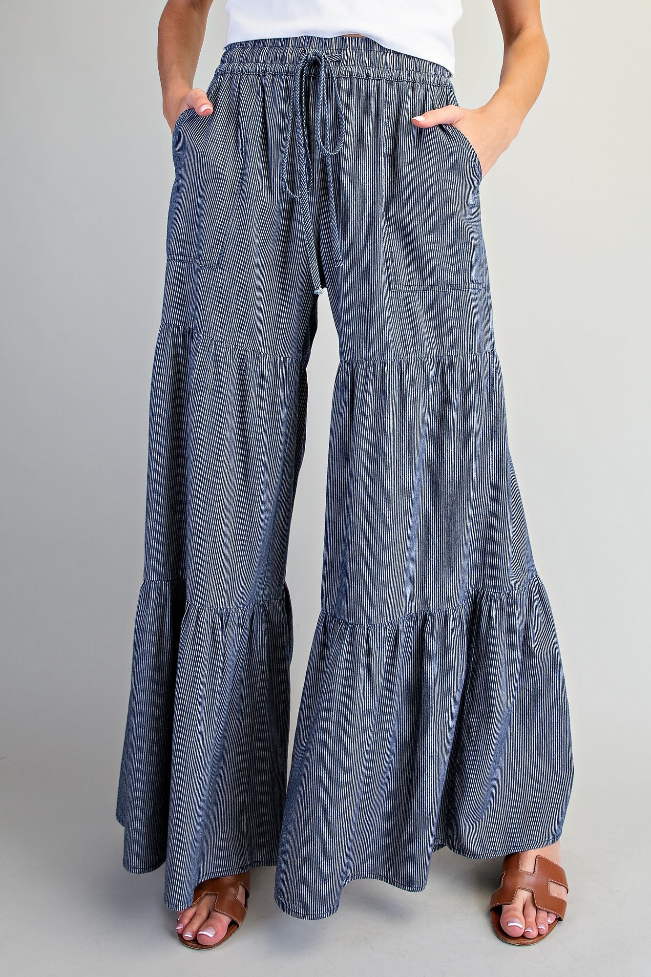 Pinstriped Wide Leg Tiered Pants