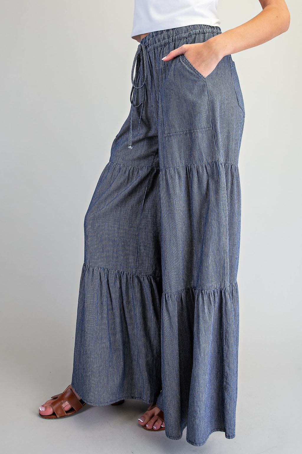 Pinstriped Wide Leg Tiered Pants
