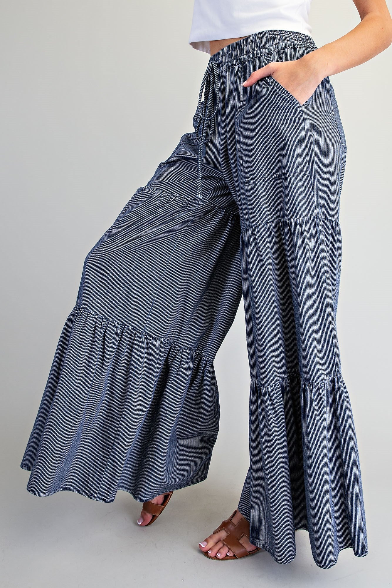 Pinstriped Wide Leg Tiered Pants